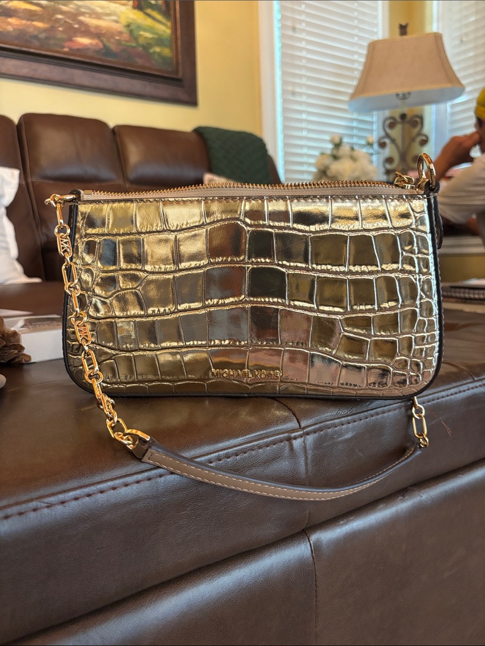 Michael Kors Gold Croc-Embossed Chain Shoulder Clutch
